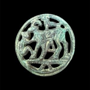 Openwork Bronze Plaque with Caprid, Human, and Animal Motifs